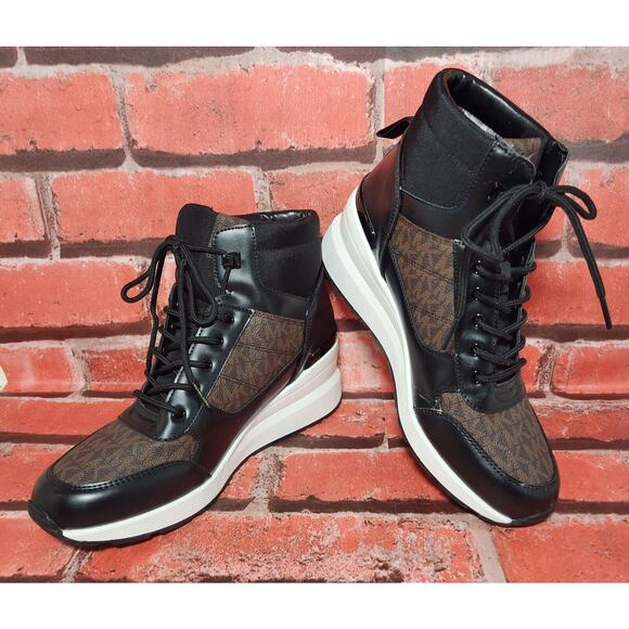 Michael Kors Georgie Trainer MK Signature Black Wedges Lace-up Sneakers Size 10 - Picture 1 of 8